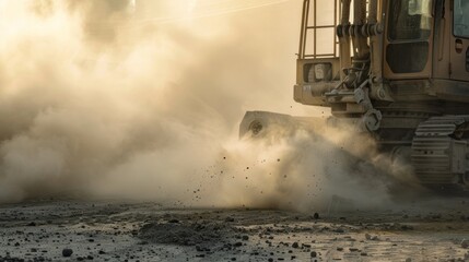 Thick dust clouds rising as the pile driving machine relentlessly hammers into the ground.