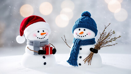 Fototapeta premium Snowmen with gifts and sticks in winter scene, festive attire.