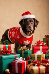 Dog in Christmas Sweater with Gifts