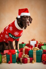 Dog in Christmas Sweater with Gifts