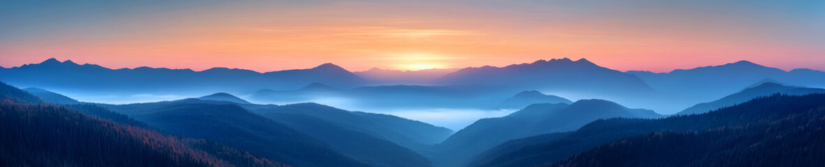 Fototapeta premium Breathtaking panoramic landscape of mountains at sunrise, showcasing vibrant colors and misty valleys. serene view that evokes tranquility and awe