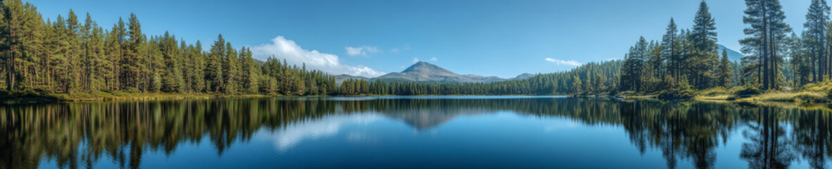 Fototapeta premium serene panoramic landscape featuring tranquil lake surrounded by lush evergreen trees and majestic mountains under clear blue sky. reflection on water enhances peaceful atmosphere
