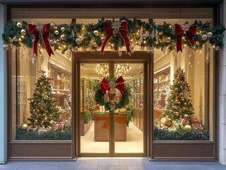 Fototapeta premium A beautifully decorated Christmas storefront featuring wreaths, ribbons, and festive trees, creating a warm holiday ambiance.