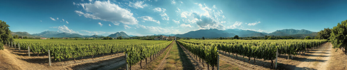 Fototapeta premium panoramic view of vineyard in countryside, showcasing lush green grapevines under clear blue sky with mountains in background. serene landscape evokes sense of tranquility and natural beauty