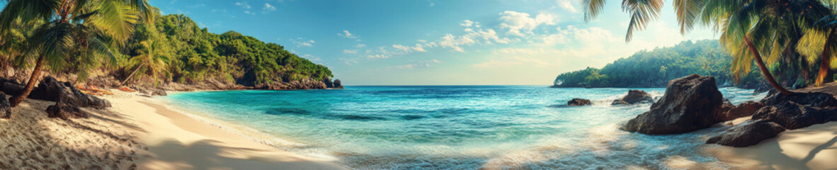 Fototapeta premium stunning panorama of tropical beach featuring clear blue waters, soft white sand, and lush green palm trees. serene atmosphere invites relaxation and tranquility