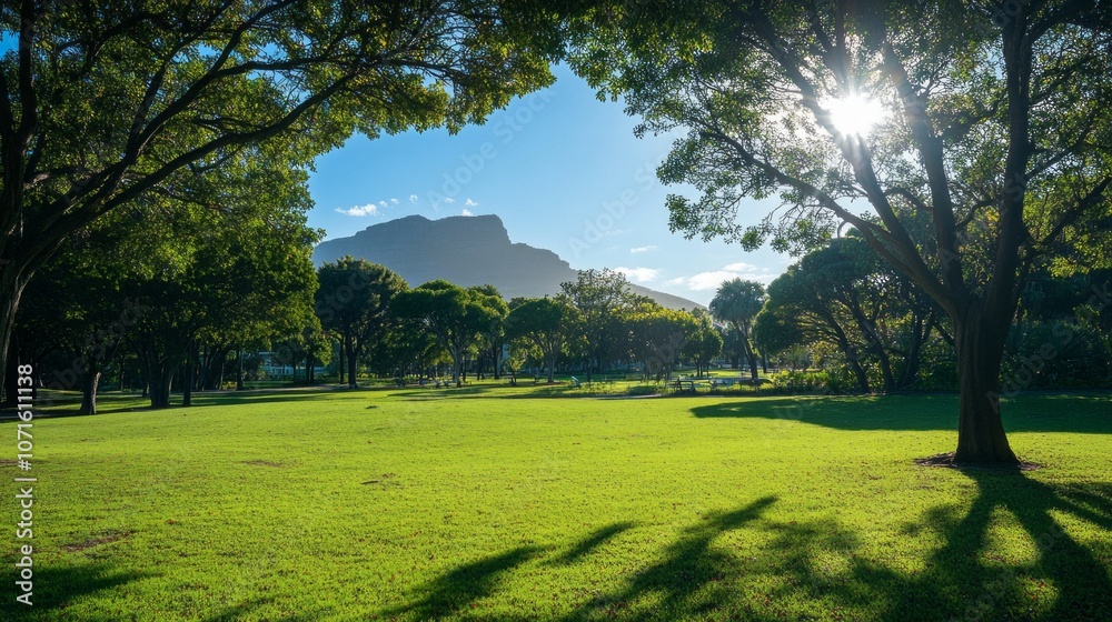 Aufkleber a park with a large mountain in the background and trees in the foreground