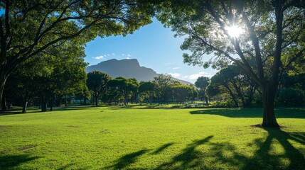 Obraz premium A park with a large mountain in the background and trees in the foreground