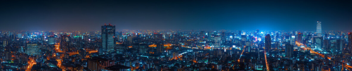 Fototapeta premium stunning panoramic view of bustling city skyline at night, showcasing vibrant lights and towering skyscrapers. urban landscape is alive with energy and activity