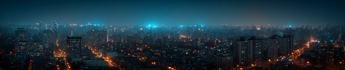 Obraz premium stunning panoramic view of bustling city at night, showcasing vibrant lights and towering buildings. urban landscape is alive with energy and activity, creating captivating atmosphere