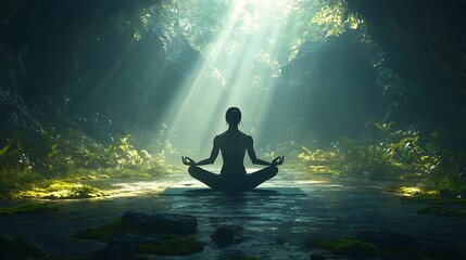 Silhouette of a woman meditating in a jungle cave with sunlight streaming through the opening.