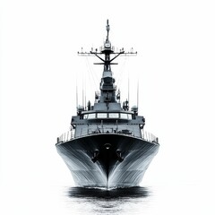 A warship in the water, front view.