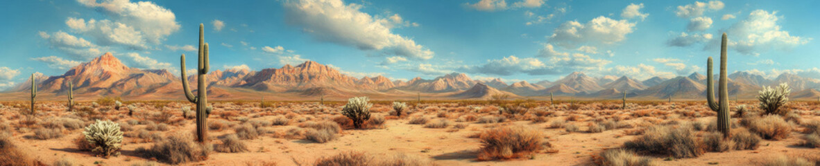 Naklejka premium panoramic view of desert landscape featuring cacti, mountains, and clear blue sky. scene captures serene beauty of nature, showcasing vibrant colors of desert flora
