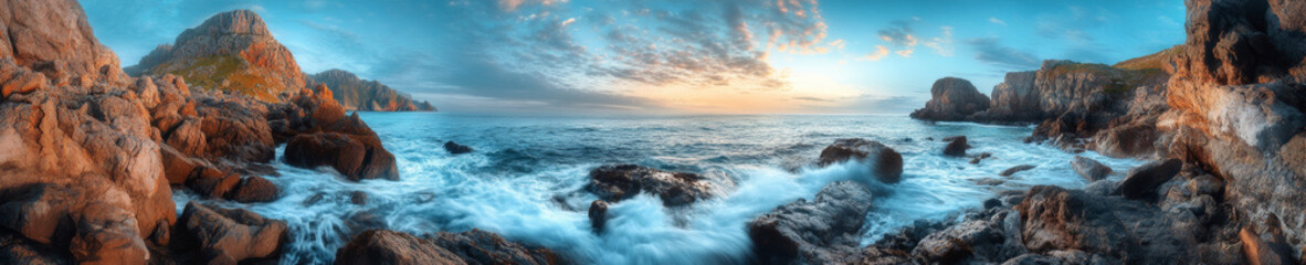 Obraz premium breathtaking panoramic landscape of rocky coastline at sunset, showcasing vibrant colors in sky and crashing waves against rocks, evoking sense of tranquility and awe