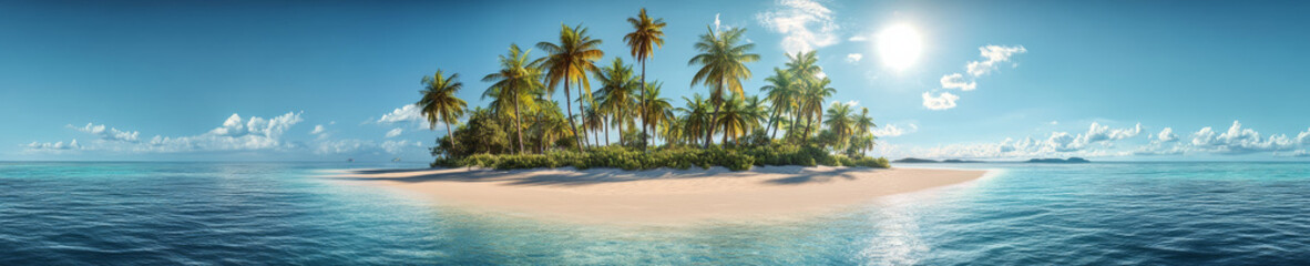 panoramic landscape of tropical island featuring lush palm trees, soft sandy beaches, and clear turquoise waters under bright sun. This serene scene evokes sense of paradise and tranquility