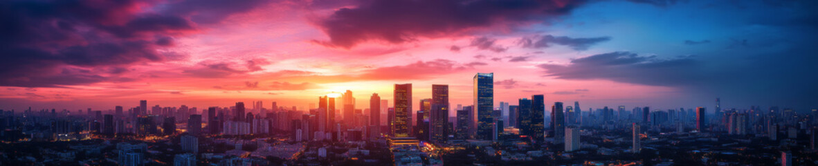 Fototapeta premium Stunning panorama of city skyline at sunset, showcasing vibrant colors and dramatic clouds. urban landscape is illuminated by warm glow of setting sun, creating breathtaking view
