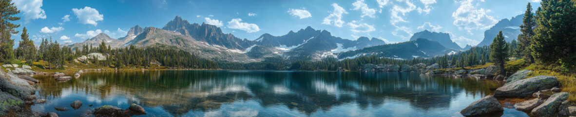 Naklejka premium Breathtaking panoramic landscape of mountain range reflecting in serene lake, surrounded by lush greenery and clear blue sky