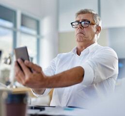 Mature man, phone and vision problem, eyesight and myopia or glaucoma in business office. Mobile,...