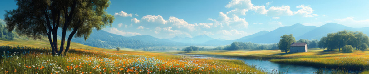 Obraz premium panoramic landscape of tranquil river valley, featuring vibrant wildflowers, lush greenery, and distant mountains under clear blue sky. serene scene evokes sense of peace and natural beauty