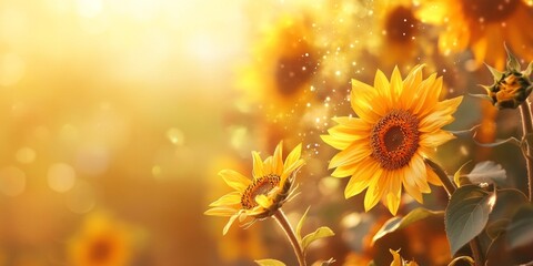 Obraz premium Vibrant sunflowers bask in golden sunlight. This stunning image captures the essence of summer, radiating warmth and joy. Perfect for nature lovers and floral enthusiasts. AI
