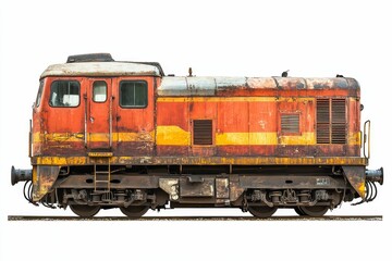 Obraz premium Rusty red train on tracks isolated.