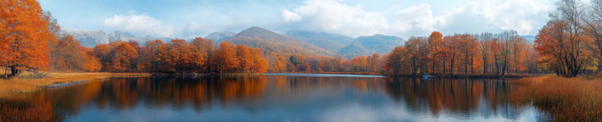 Fototapeta premium serene lake surrounded by vibrant autumn foliage and mountains, reflecting colorful trees in calm water. peaceful atmosphere invites tranquility and contemplation