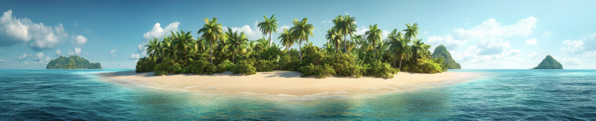 Fototapeta premium stunning panoramic view of tropical island featuring lush palm trees, sandy beaches, and crystal clear waters, evoking sense of paradise and tranquility