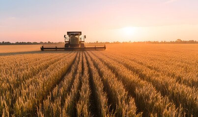 Fototapeta premium Farmer Tending to Expansive Wheat Field at Sunrise in Serene Countryside, Generative AI
