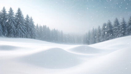 Fototapeta premium Serene snow field with snowflakes falling amidst pine trees.