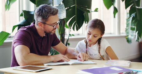 Naklejka premium Teaching, dad and child with homework, home and studying for project, helping and education for daughter. House, learning and man with kid, knowledge and girl with assignment, growth and development