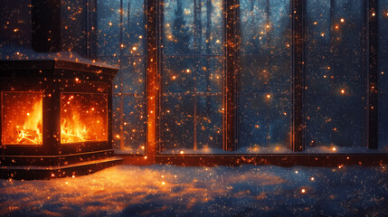 Fototapeta premium A cozy scene featuring a warm fireplace surrounded by snow and illuminated by a serene, snowy landscape outside the glass windows.