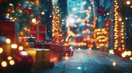 Fototapeta premium A cozy, festive alley decorated with shimmering lights and wrapped gifts, creating a magical Christmas atmosphere.