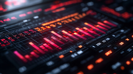 Cyberpunk Audio Mixer: Close-up of a futuristic audio mixing console with vibrant red and orange digital displays, showcasing dynamic sound levels and intricate details. Perfect for tech, music.