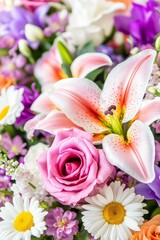 Colorful bouquet with pink lily and rose.