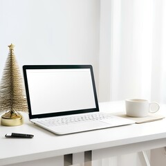 holiday desk setup with a laptop and cup of coffee 