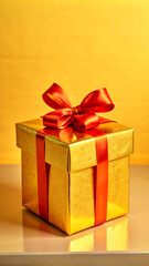 Obraz premium red gift box. gift, box, christmas, present, ribbon, bow, birthday, holiday, celebration, decoration, object, package, red, isolated, surprise, anniversary, xmas, gold, valentine, gift box, shopping, 