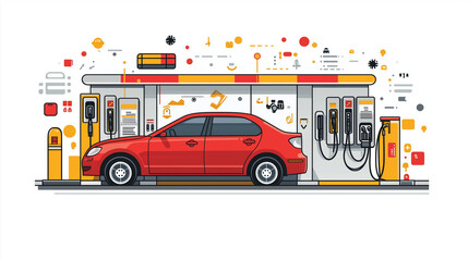 Electric Car Charging Station: A red electric car charges at a modern charging station, surrounded by vibrant geometric patterns.
