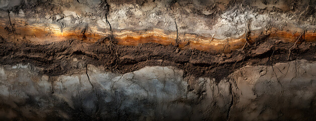 Underground earth texture, cross section of soil layers panorama