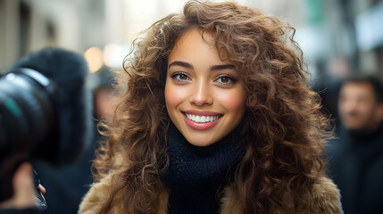 Obraz premium Smiling Woman With Curly Hair in the City - Photo