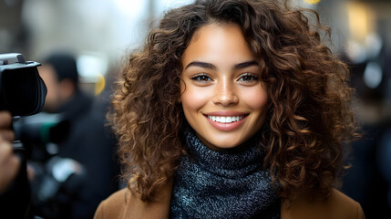 Obraz premium Smiling Woman with Curly Hair - Photo