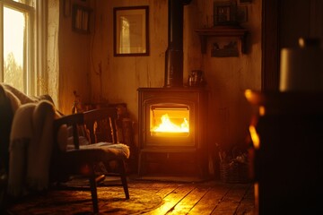 Fototapeta premium Cozy fireplace warms rustic room with wooden floor.