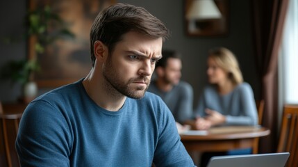 Obraz premium A focused man stares intently at his laptop, showcasing concentration amidst a blurred background of a casual discussion between two people