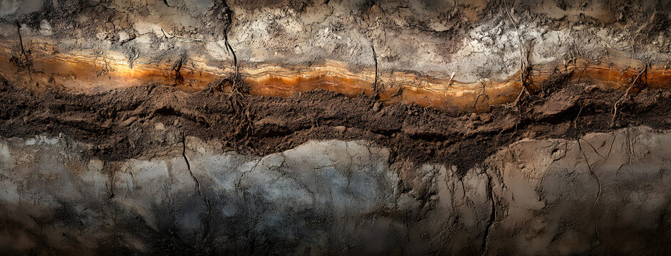 Underground earth texture, cross section of soil layers panorama