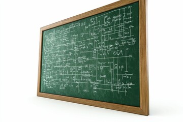 Chalkboard filled with equations in a wooden frame.