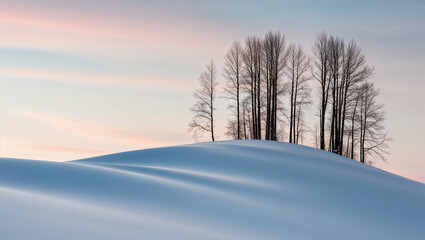 Obraz premium Bare trees on snowy rise beneath soft pastel morning sky