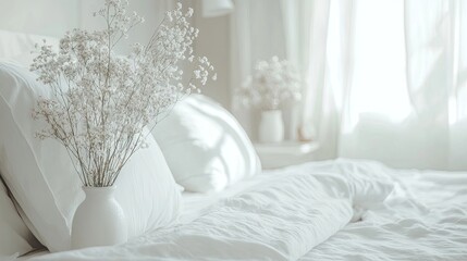 Serene white bed adorned with soft white linens and pillows, creating a tranquil atmosphere perfect for relaxation. Ample space for text or design in this elegant photo style.