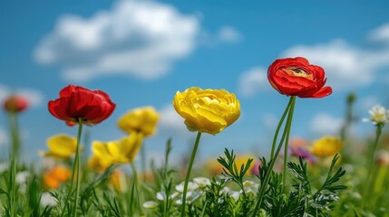 Fototapeta premium Vibrant Ranunculus Blooms Against a Clear Blue Sky