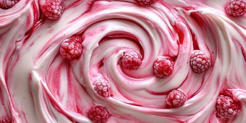 A detailed view of a raspberry swirl dessert. The dessert features a beautiful swirl design made with rich raspberry flavor, capturing its deliciousness.