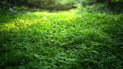 Lush green grass abundant with weeds creates a vibrant natural scene, perfect for illustrating the beauty of thick grass and its contrasting greenery. Ample copy space available.