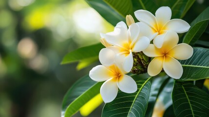 Obraz premium White Frangipani Flowers Blooming in Green Leaves
