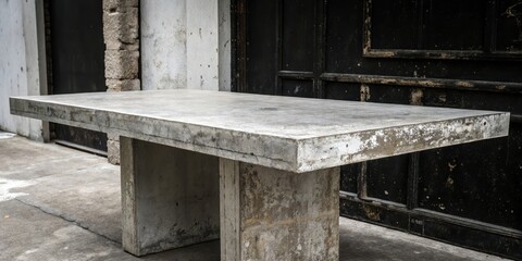 A weathered concrete table with a smooth top surface, resting on a gray pavement, against a backdrop of worn wooden doors and a white concrete wall.
